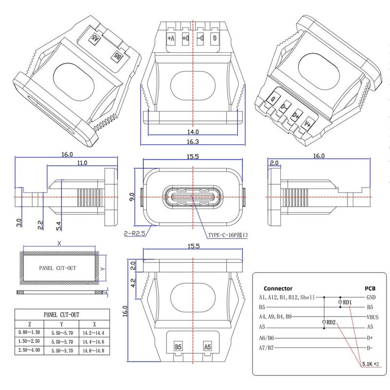 Cablecc 5pcs/Set DC Power 5V/20V DIY OEM Type C Female Socket Connector to 6Pin PCBA Pinout PD IP67（Rectangle Latch Mount Type） - Image 5